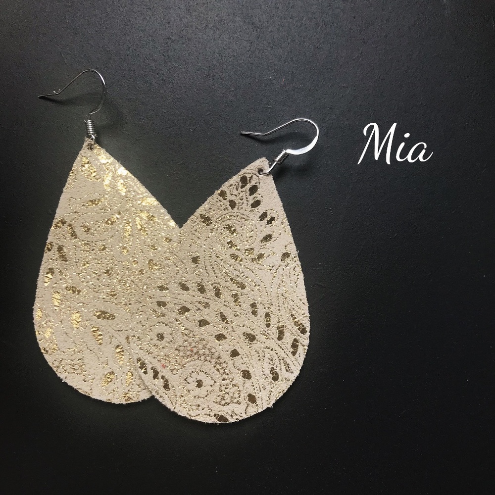 “Mia" Gold Paisley Leather Earrings - Picture 2 of 2